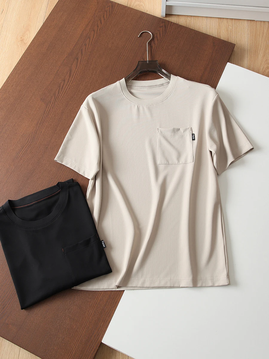 

Silky Smooth Ice Silk Short Sleeve T-Shirt for Men Summer Anti-Wrinkle Elastic Casual Style round Neck Waffle Pattern Top