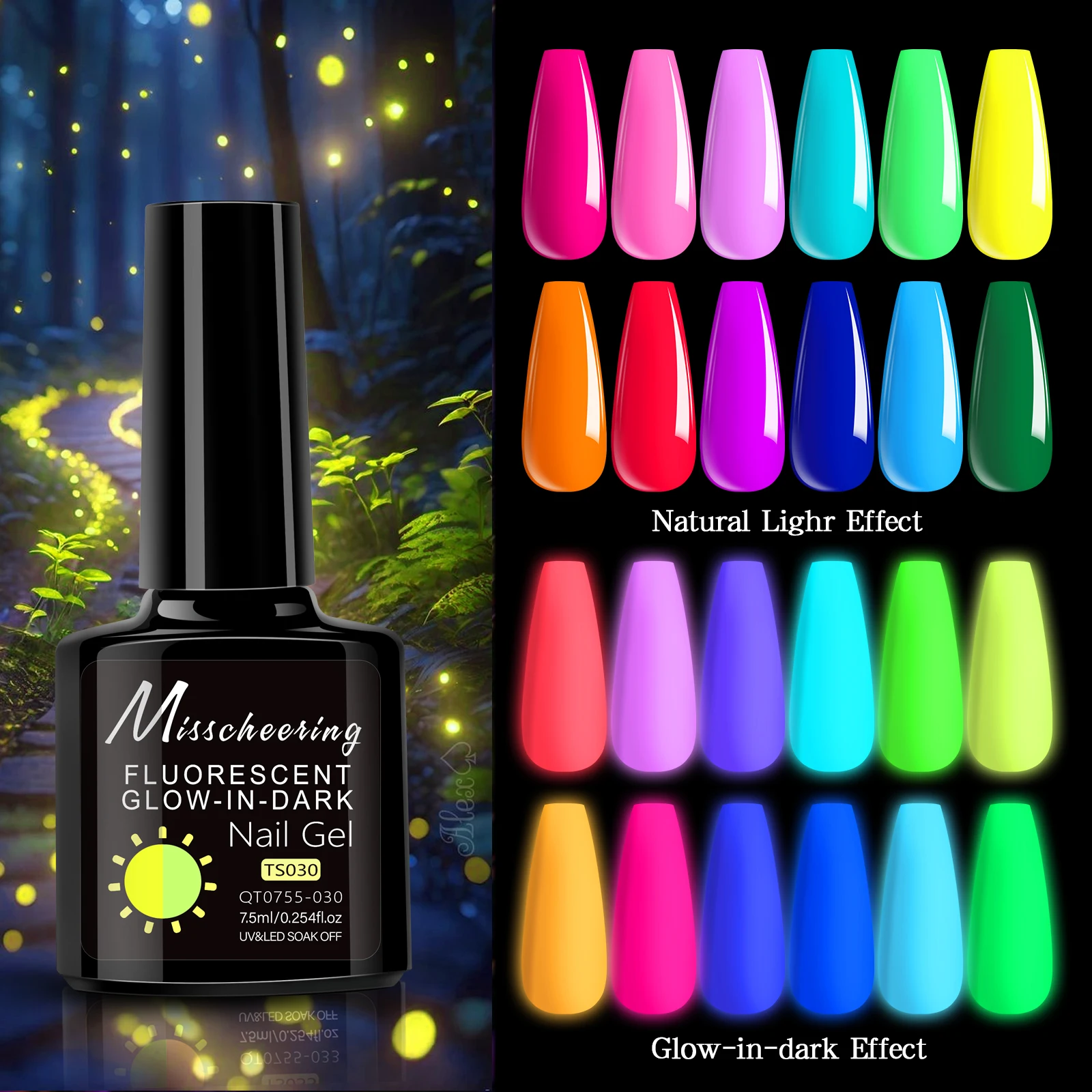Misscheering12 Colors Fluorescent Glow in Dark Nail Gel Polish Neon Luminous UV LED Soak Off Gel Nail Varnish Long Lasting Matte