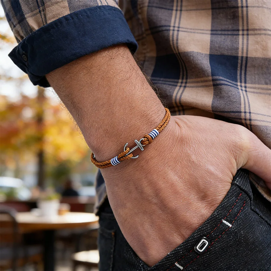 Men Anchor Rope Bracelet Nautical Handmade Braided Thin Cord Wristband Homme Outdoor Casual Sailing Jewelry Gift for Him