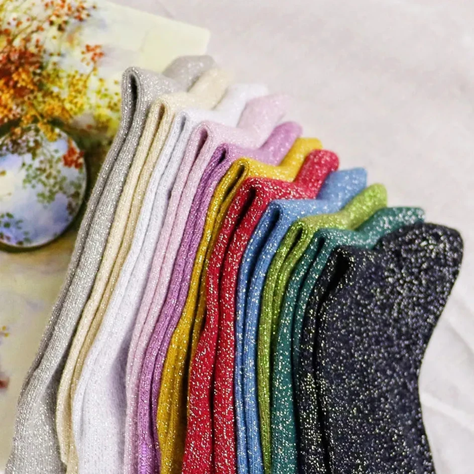 Bunte filigrane Glitzer socken für Frauen Harajuku glänzende lose Socken Mode Strümpfe weibliche Dessous helle Seide Baumwoll socken