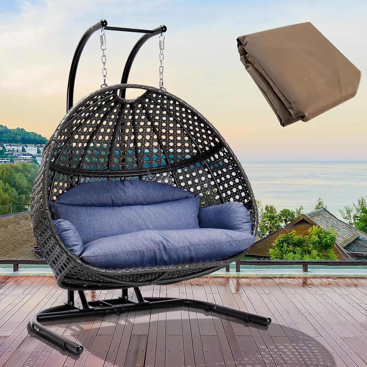 

Foldable 2 Person Hanging Swing Chair with Waterproof Cover and Cushion (Black Frame + Dusty Blue Cushion)