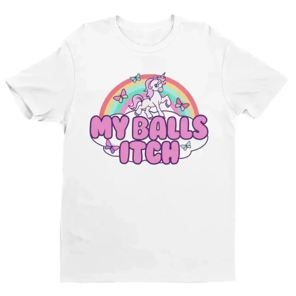 Lustiges Meme-T-Shirt „My Balls Itch“ – Ironisches Einhorn-Regenbogen-T-Shirt – Peinliches, seltsames, witziges Meme-T-Shirt mit unangemessenem Zitat – Y2K-Witz – Detail 6