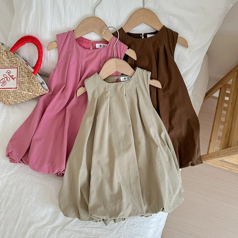 

2024 Summer New Fashion Girls Dresses in Small Children Lantern Solid Colour Leisure Princess Dress Children Vest Skirt