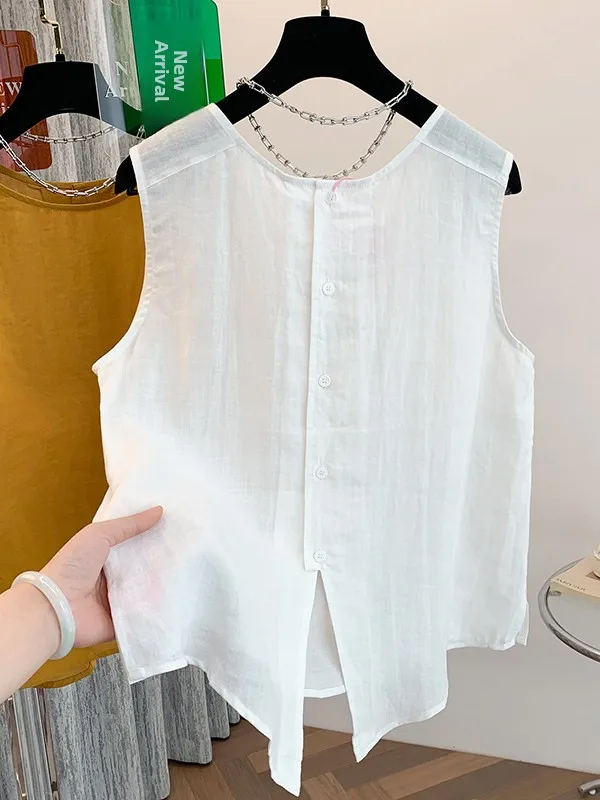 Retro round Neck Cotton Linen  Color Sleeveless Shirt Women Summer 2026 New Loose Lightweight Vest Top Breathable Comfor...
