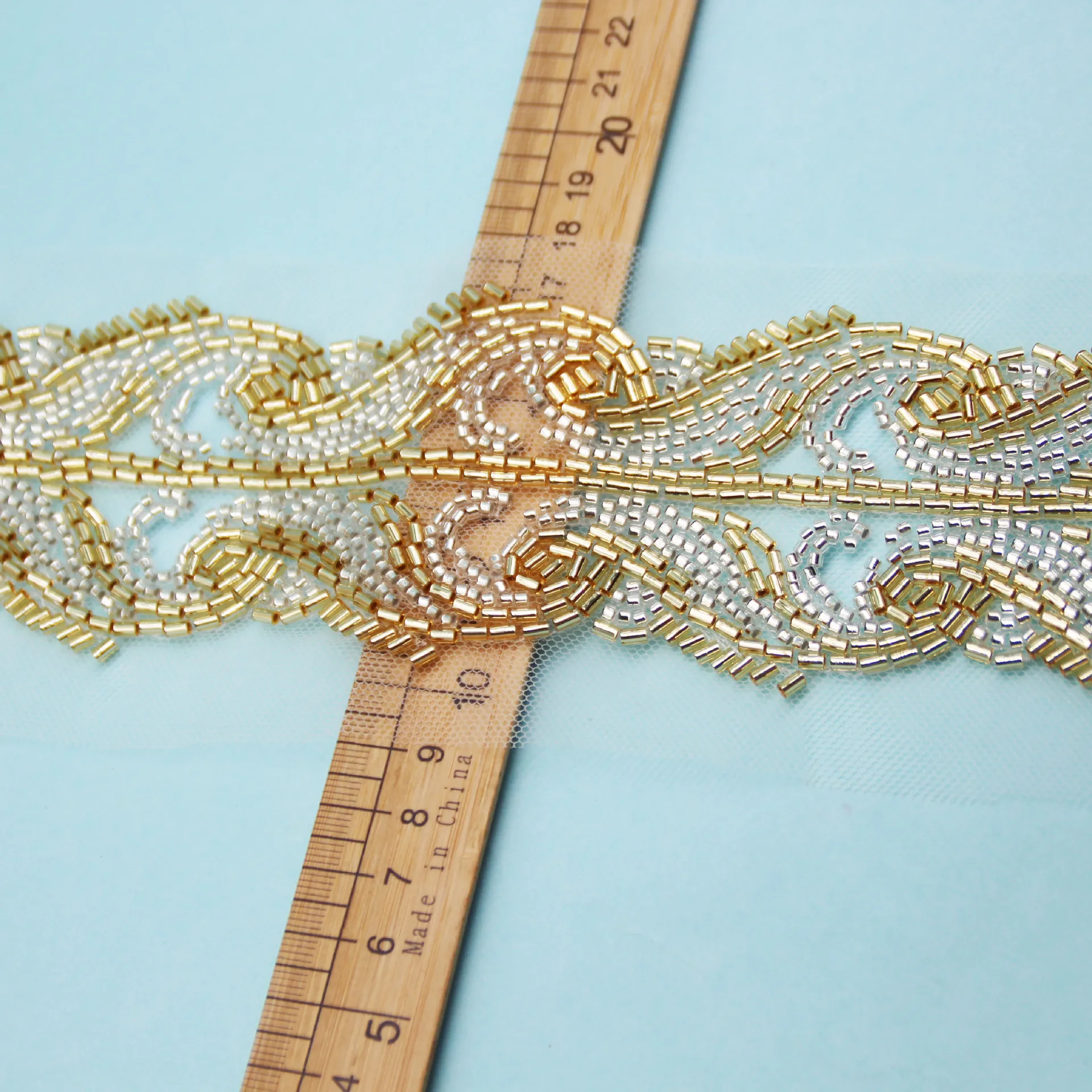

Ethnic Style Gold Bead Pearl Lace Trim Jacket Clothing Wedding Dress Decoration Material Mesh Beaded Lace Trim