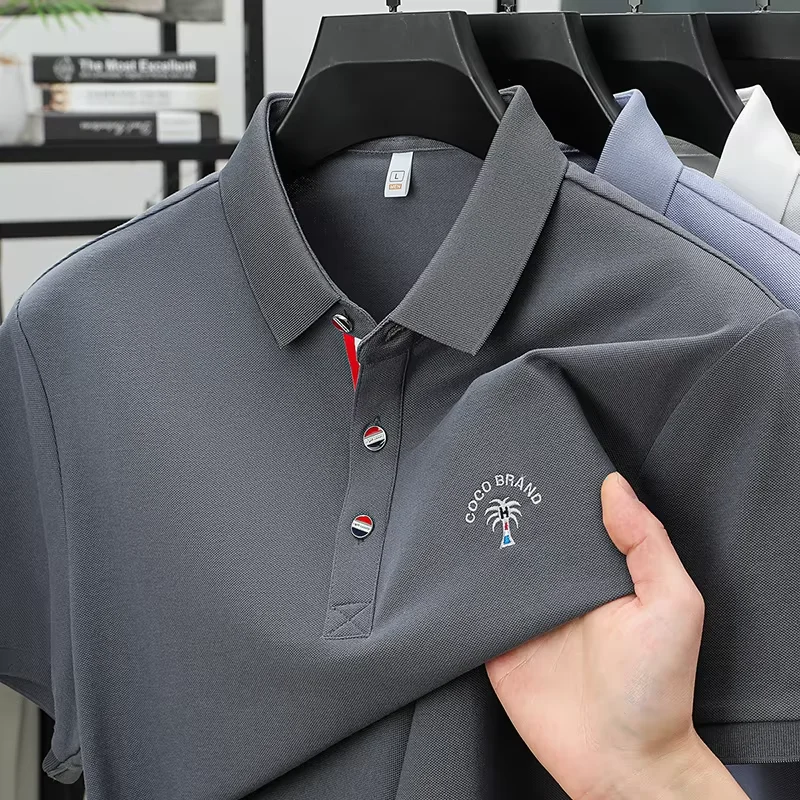 

Light luxury brand exquisite letter embroidery short sleeve polo shirt men's fashion high-end silk cotton comfort casual T-shirt