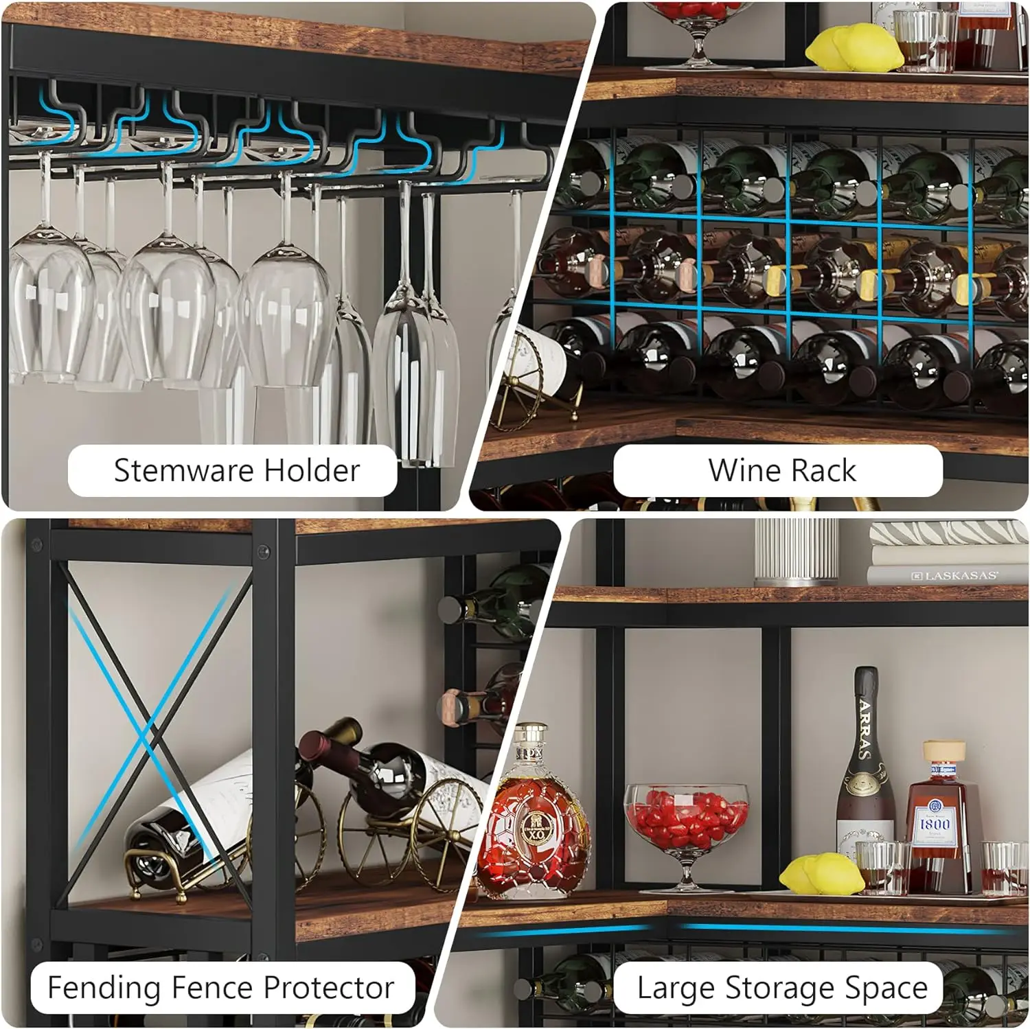 Corner Wine Rack 5-Tier L Shaped Bar Cabinets for Liquor and Glasses Storage for Home Kitchen Dining Room, Rustic Brown