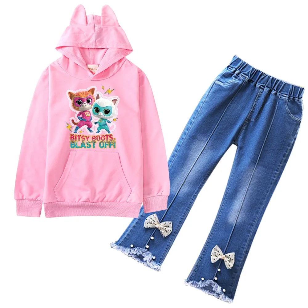 

Cartoon Superkitties Clothes Kids Spring Autumn Pullover Hoodie+denim Jeans Pants 2pcs Set Boys Tracksuits Toddler Girls Outfits