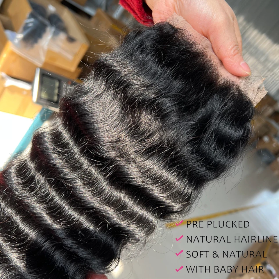 12A Brazilian Human Hair Bundles With Closure Loose Deep Wave Bundles With 4x4 13x4 HD Lace Closure Frontal And 3/4Bundles With HD Swiss Transparent Lace Virgin Remy Human Hair Extensions Deals For Women Daily Use Birthday Holiday Gift Kpop Popular