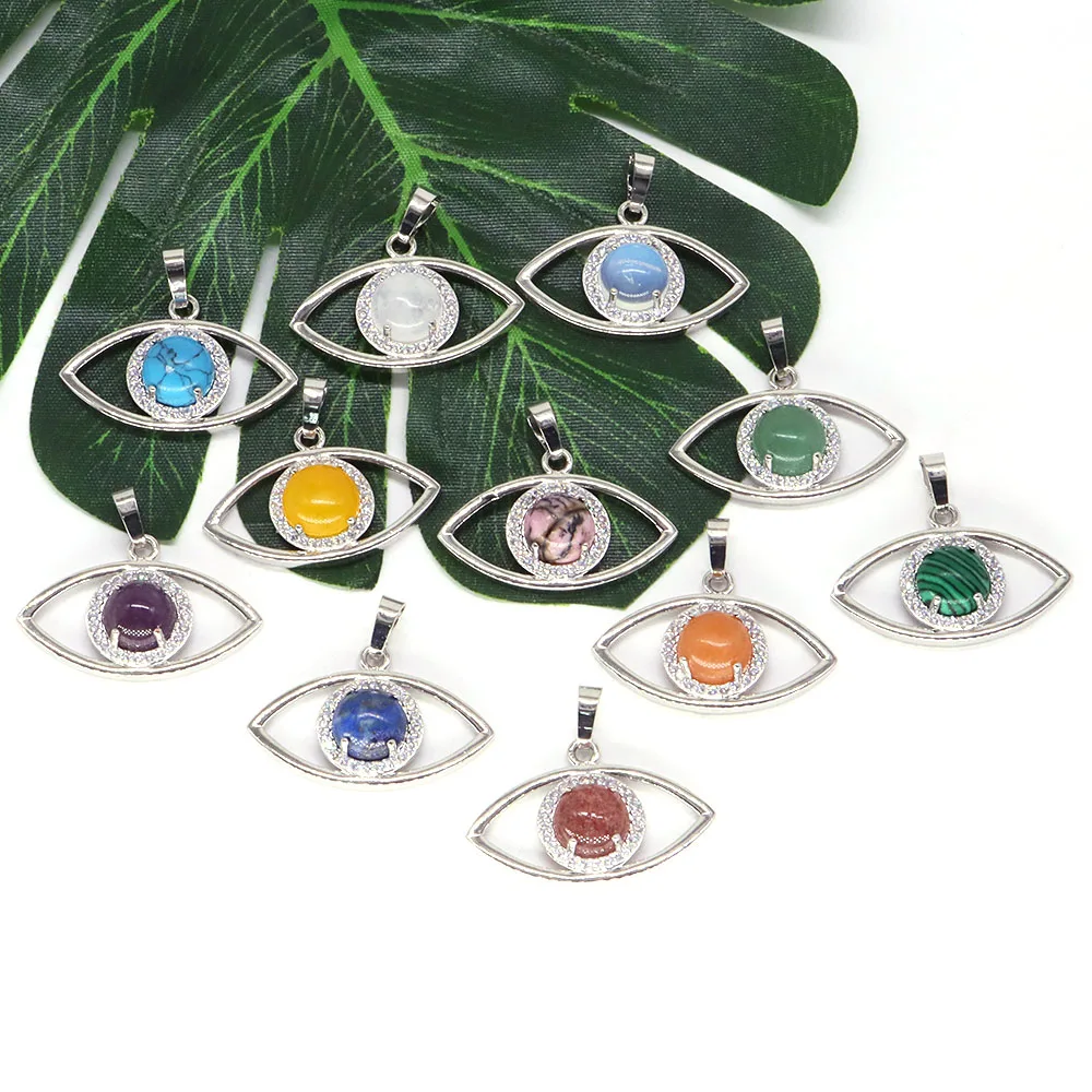 

Devil's Eye Pendant Natural Stone Healing Round Gems Crystal Amulet Micro Inlaid Zircon Silver Color Women Girl Trendy Necklaces