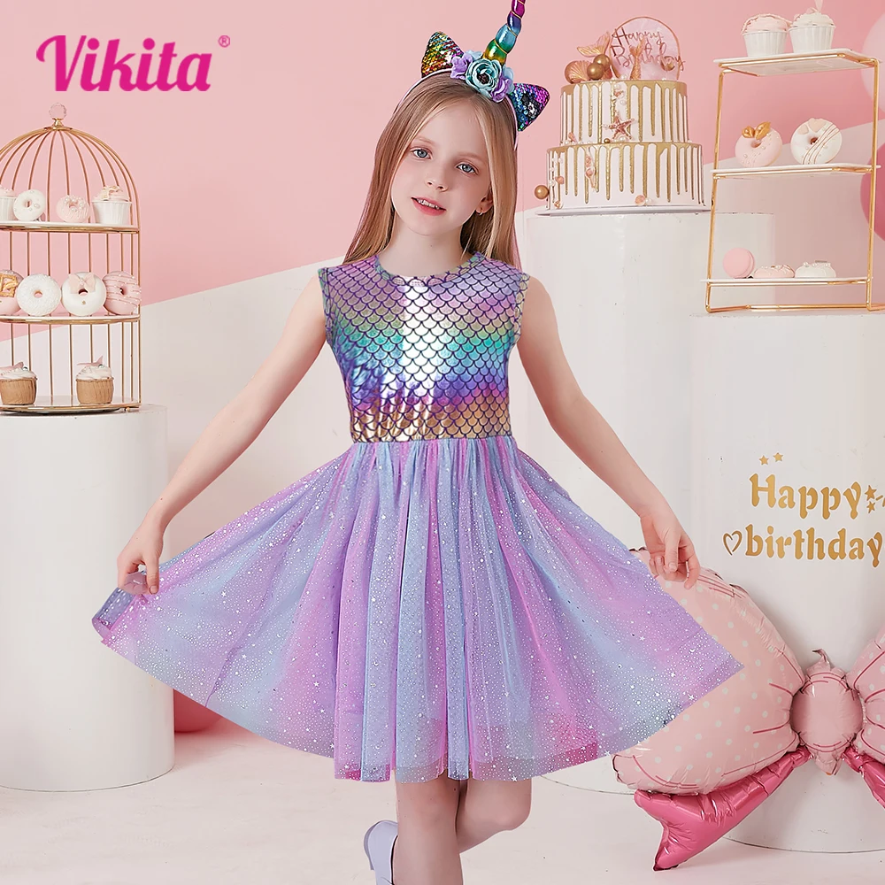 VIKITA Girls Mermaid Print Dress Kids Gradient Colorful Sequins Purple Sleeveless Summer Dresses Kids Party Beach Princess Dress - Image 2
