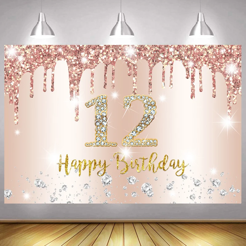 Rose Gold 12 Birthday Background Decorations Girls 12th Twelve Years Old Party Star Moon Glitter Balloons Photo Backdrop Banner