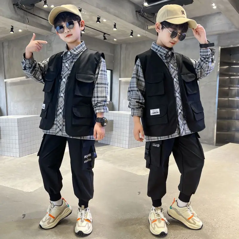 

Boys Blouse +Pants Kids Sets Cotton 3PCS/Set 2023 Vest Spring Autumn Jogging Suit Uniforms Children Clothing