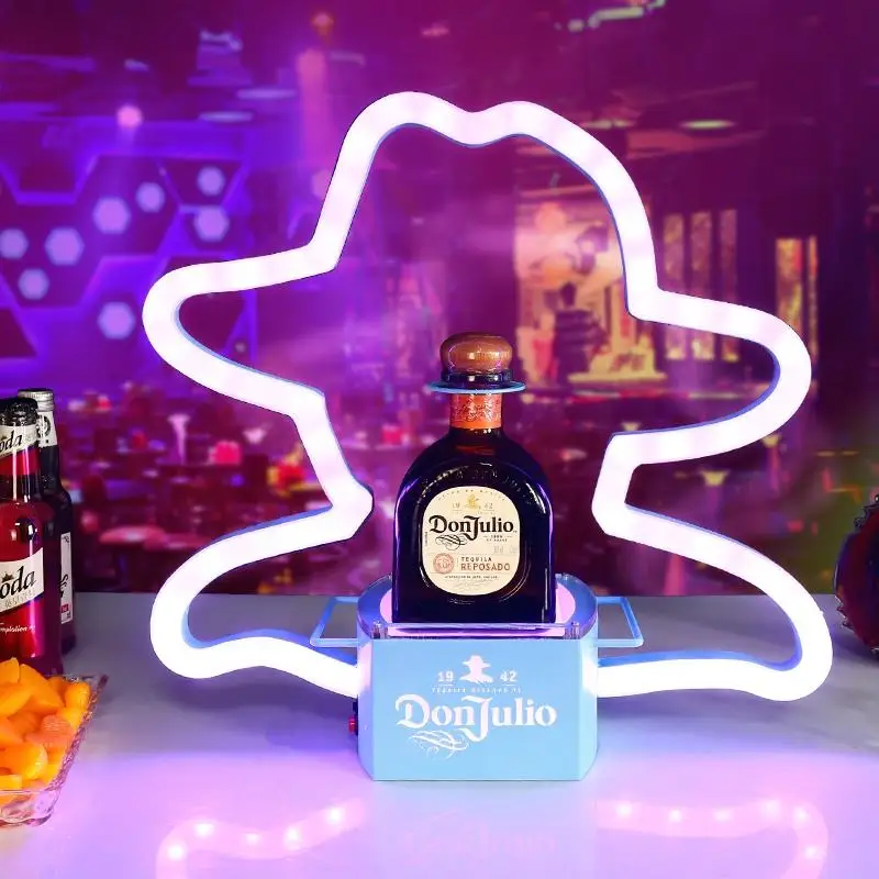 Leuchtende Neon Kopf Kappe Rahmen beleuchtet Topper Hut Zeichen Glorifier führte Donjulio Reposido Blanco Tequila Flasche Moderator Service Tray