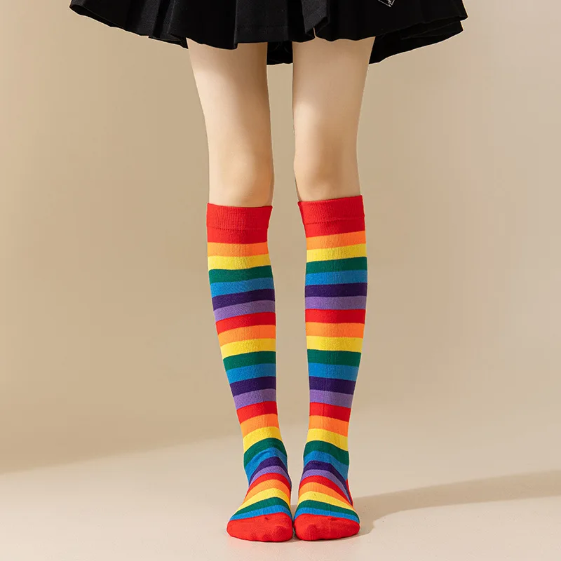 Medias de mujer con rayas multicolores, divertidos calcetines de fiesta para actuación de Halloween, calcetines transpirables gruesos de alta calidad para niña