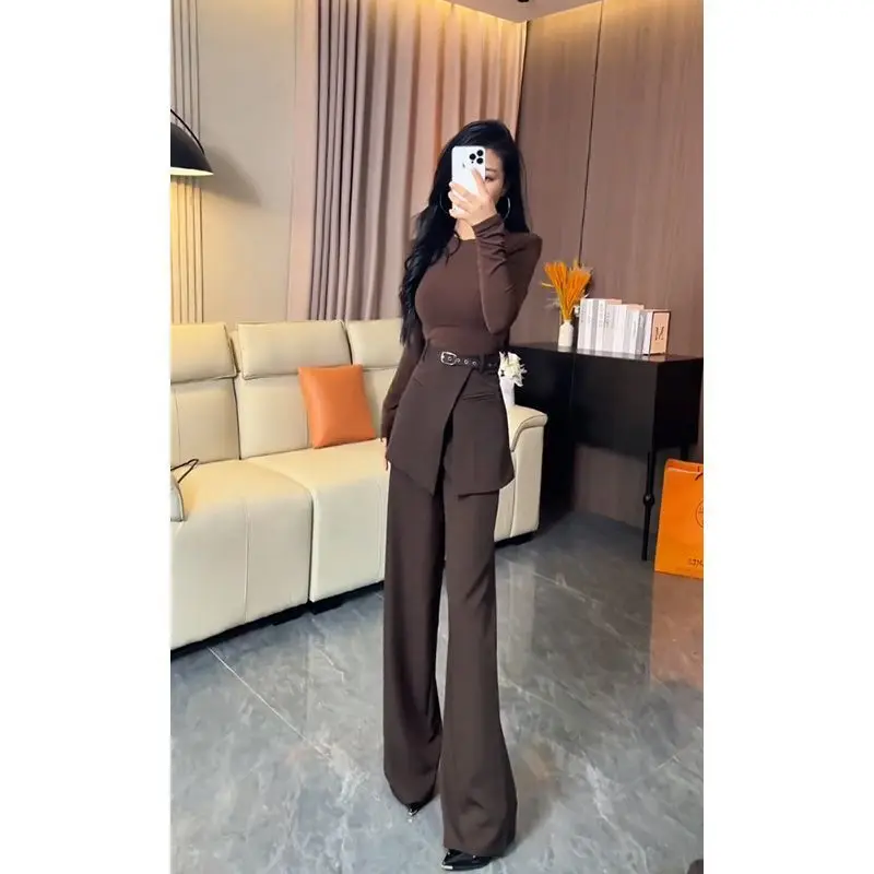 New Fashion Fake Two Piece Women's Pants Spring Autumn Elegant Casual High Waist Slim Wide Leg Trousers Solid Color Skirt Pants