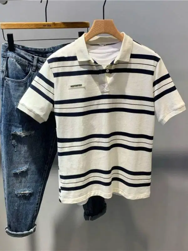 

High-End Summer Color Blo Stripe irt ort Sve Men's Spor Loose Versatile Top Quali Faionable Casual Wear