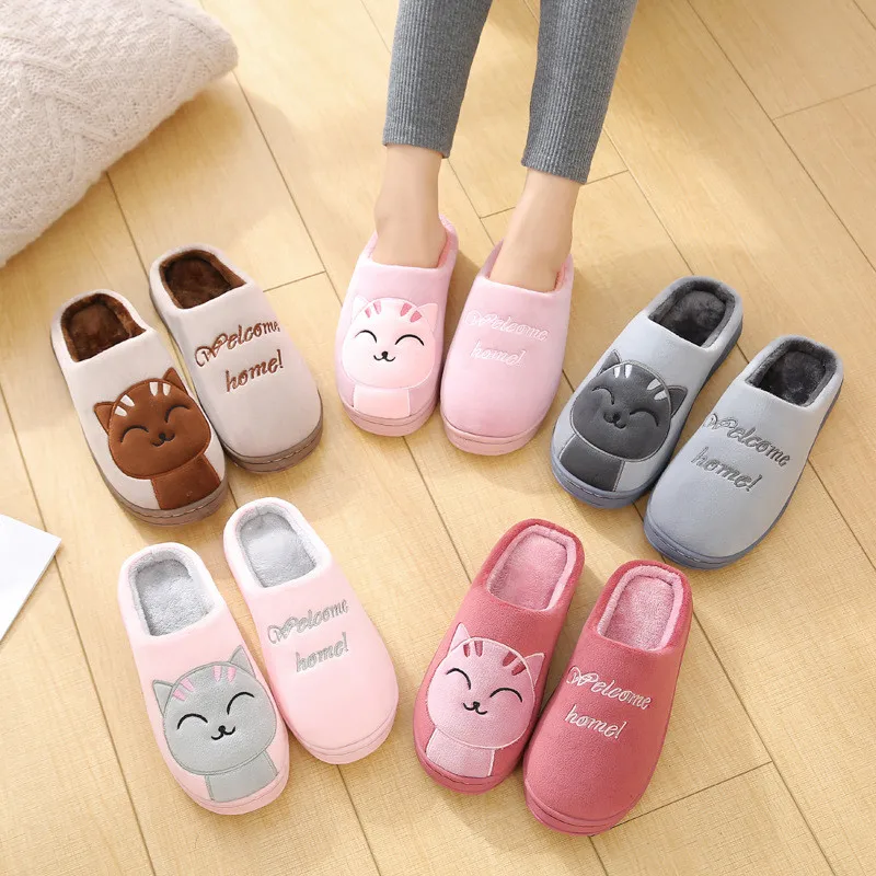 Women Winter Home Furry Slippers Cartoon Cat Non-Slip Soft Warm Indoor Bedroom Slides Men Couples Boys Girls Cute Floor Shoes