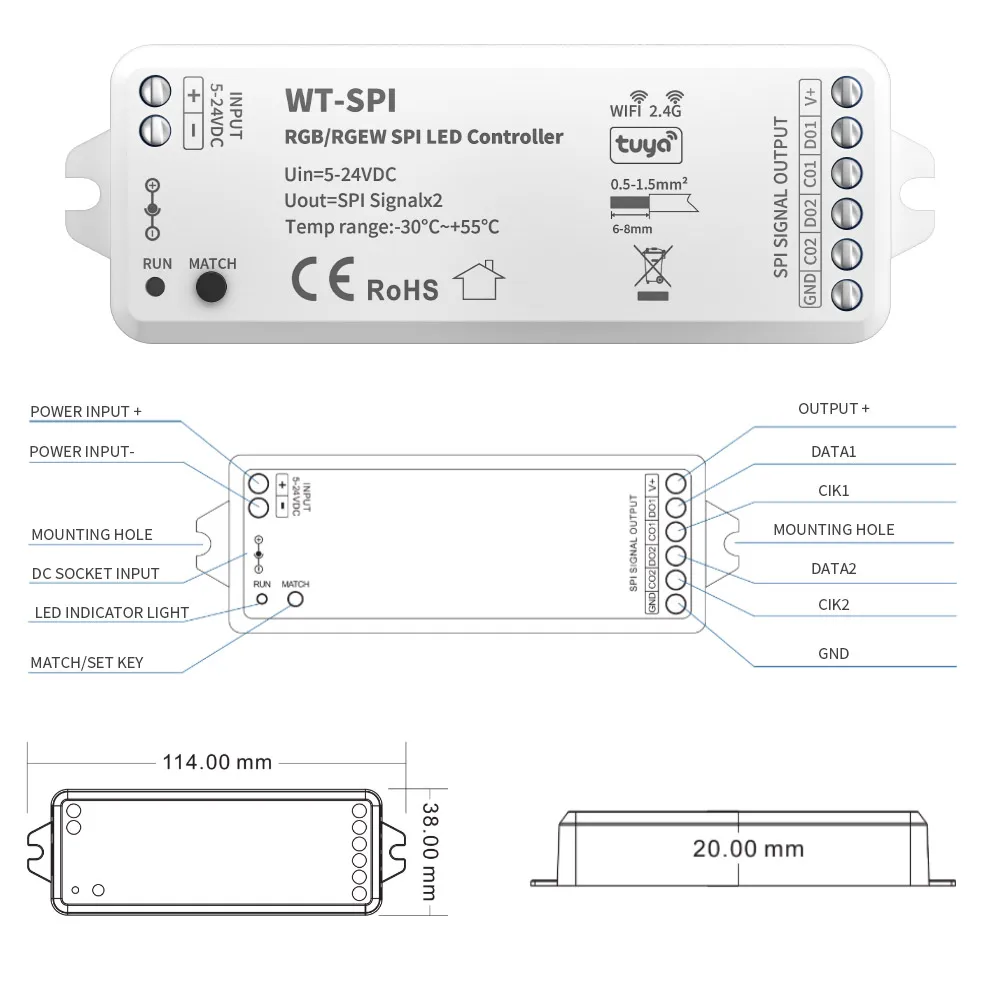 Tuya WIFI 2.4G SPI RGB/RGBW piksele kontroler LED WT-SPI Alexa Google ECHO dla WS2811 WS2812B WS2814 WS2815 SK6812 listwa świetlna