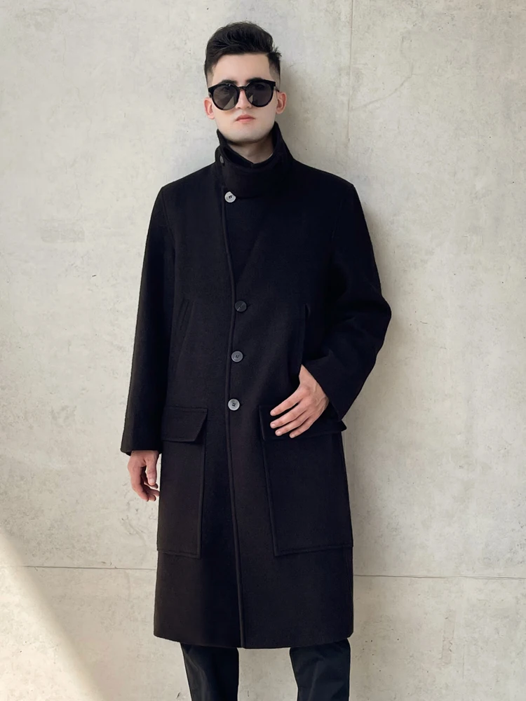 Long over knee wool coat for men British trend double breasted thickened liner neck protection warm autumn and winter coat