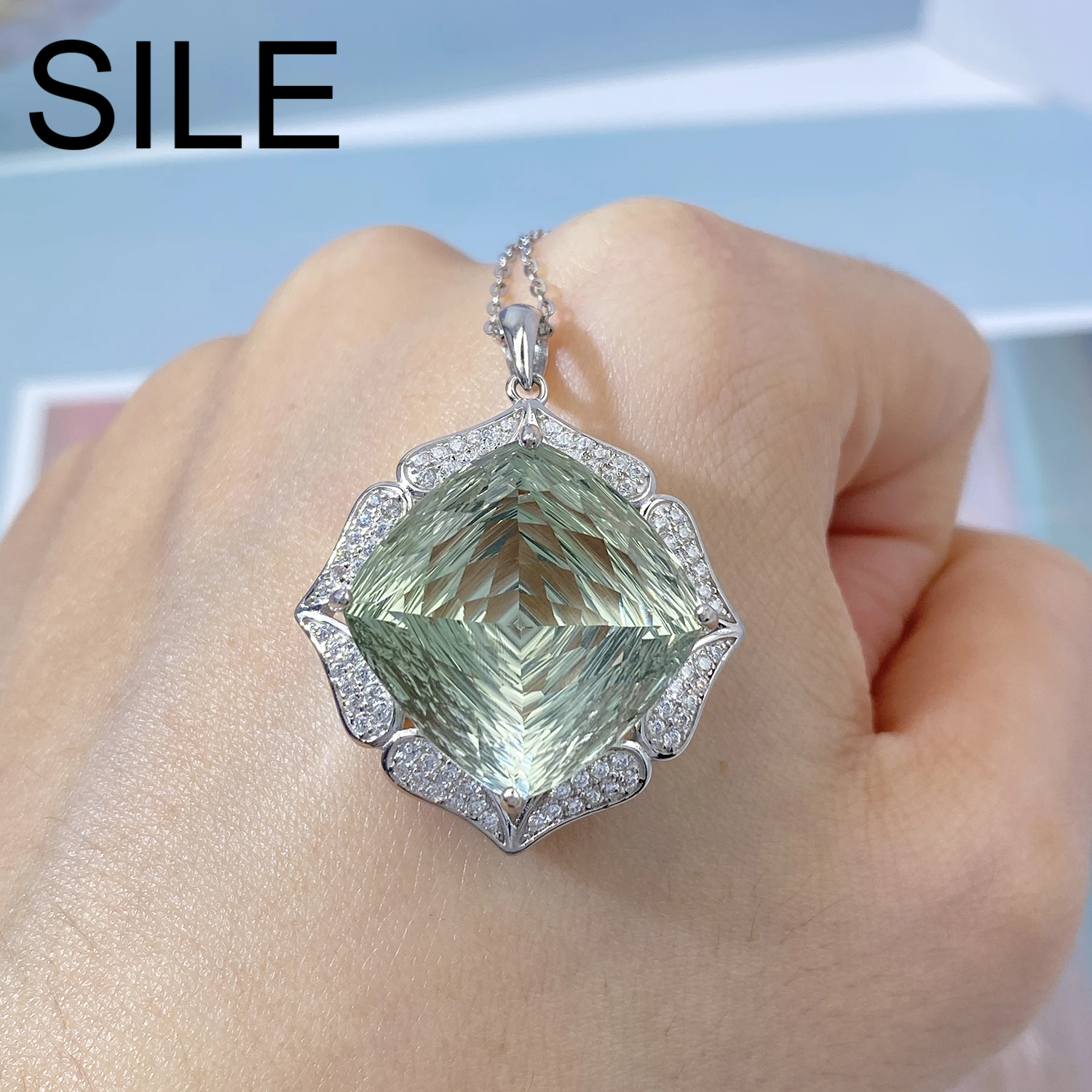 SILE 17MM Green Amethyst Pendant Necklaces For Women 925 Sterling Silver Natural Gemstones Dainty Jewelry Necklace Party Wedding