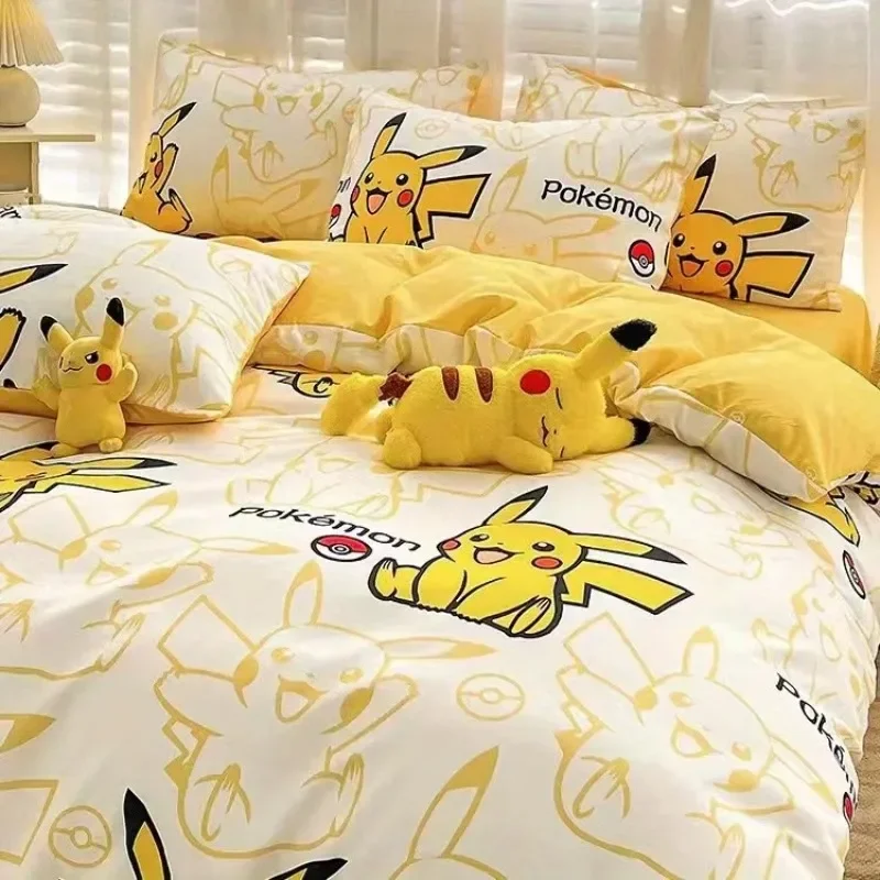 Pokemon Pikachu Bedding Set 3/4pcs Cartoon Anime Cute Polyester Bed Sheet Set Quilt Bedspread Set Boy Kids Room Accessories Gift