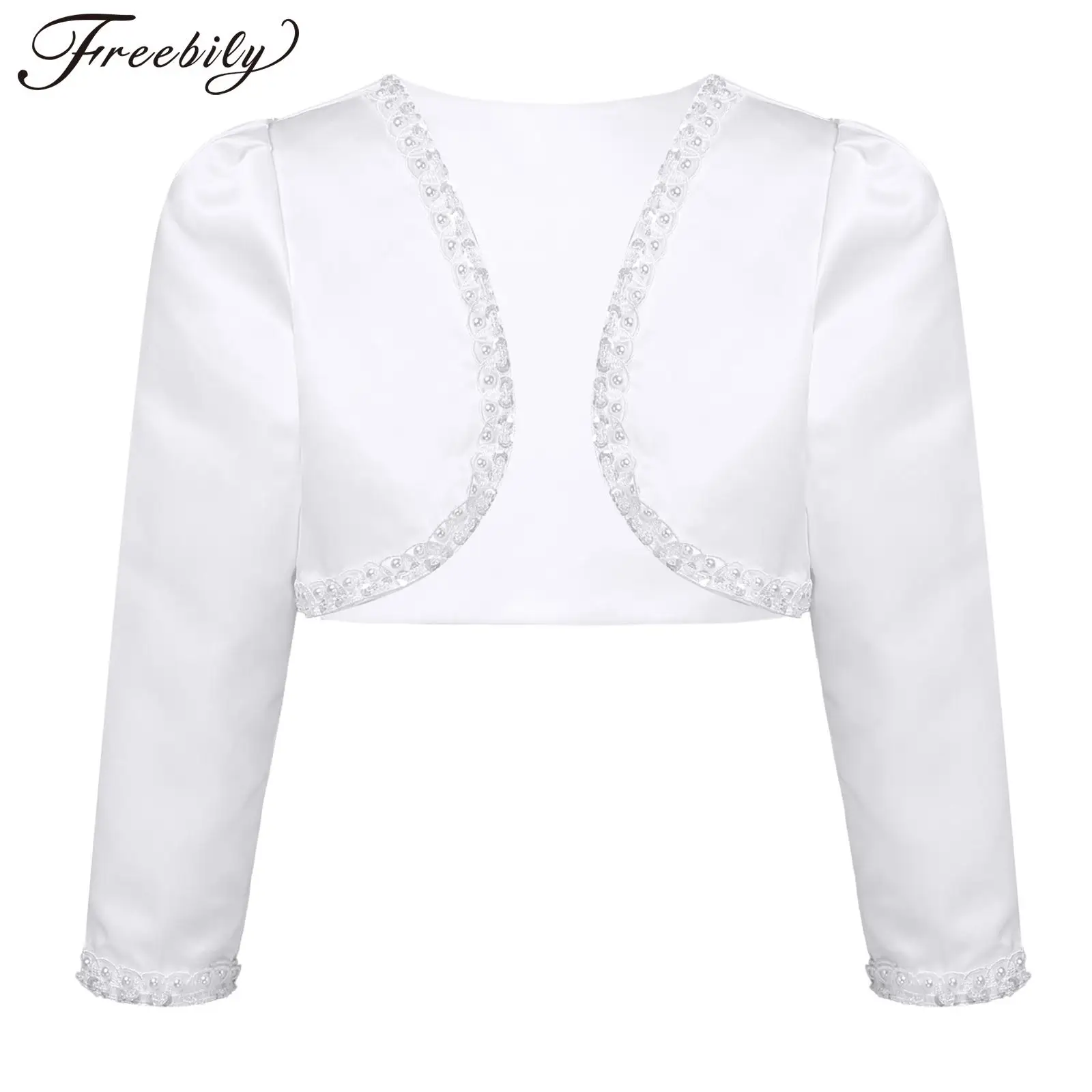 Kids Girls Long Sleeve Jacket Shrug Coat Open Front Bolero Pearls Sequins Beaded Shrug Cardigan Wedding Event Dress Accessories