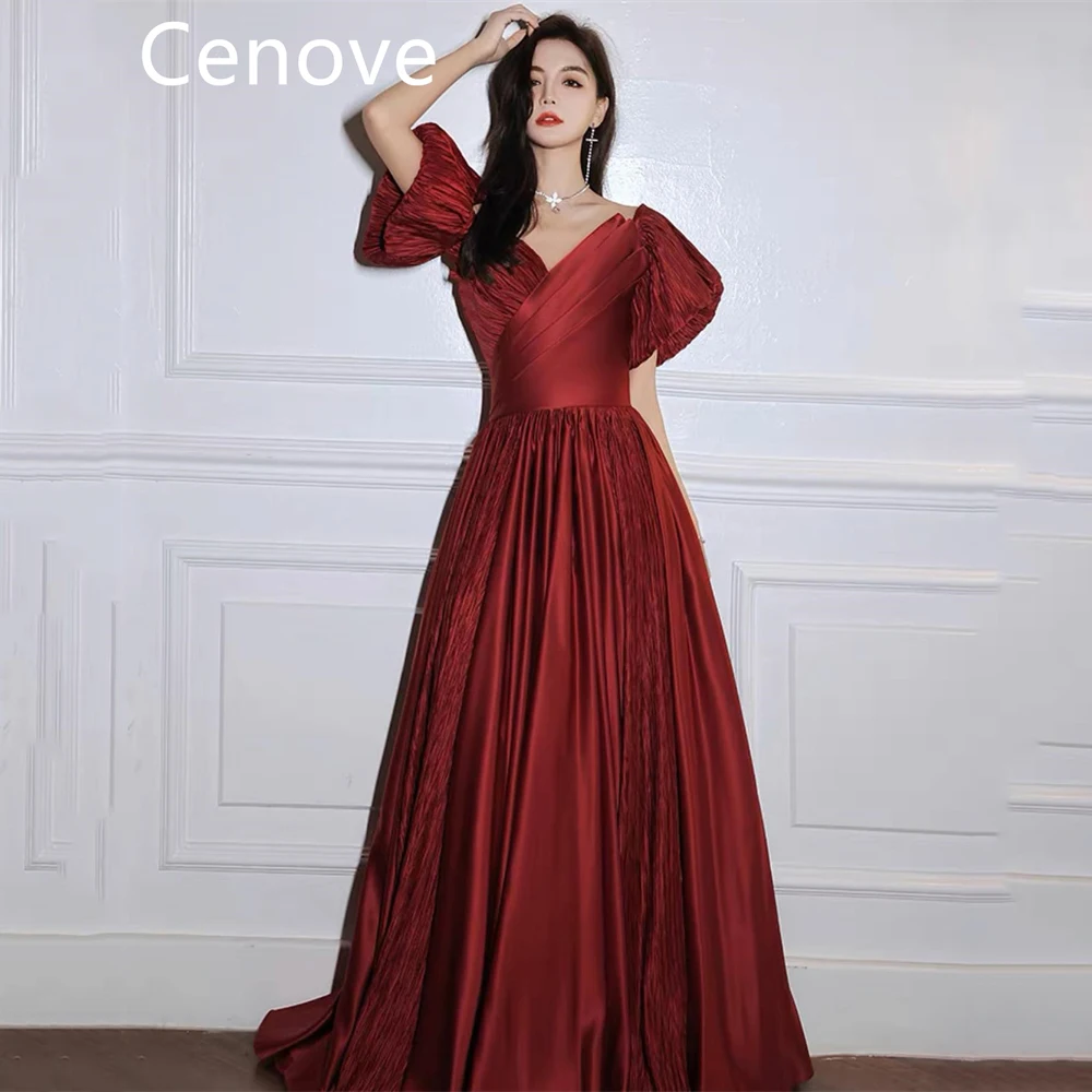 

Cenove A-Line Deep Red V-Neckline Prom Dress Short Sleeves With Ankle Length Sequins Summer Elegant Party Dress For Women 2023