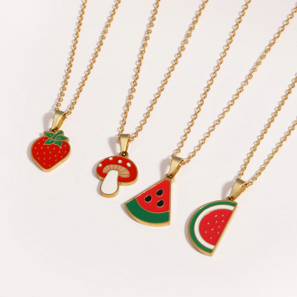 Stainless Steel Delicious Fruit Watermelon Strawberry Charms Necklace Boho Chain Sweet Dopamine Woman Choker Jewelry Gift