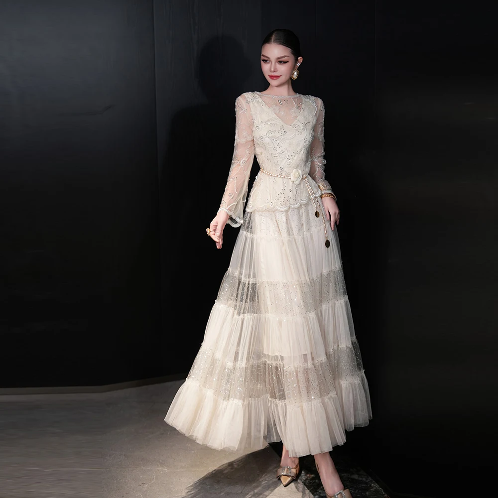 Meyyithun Women's Dress Exquisite Mesh Beaded Embroidery  Long Sleeve Blouse+Mesh  Elegant Vest Midi Dress Dress Set 2pcs Set