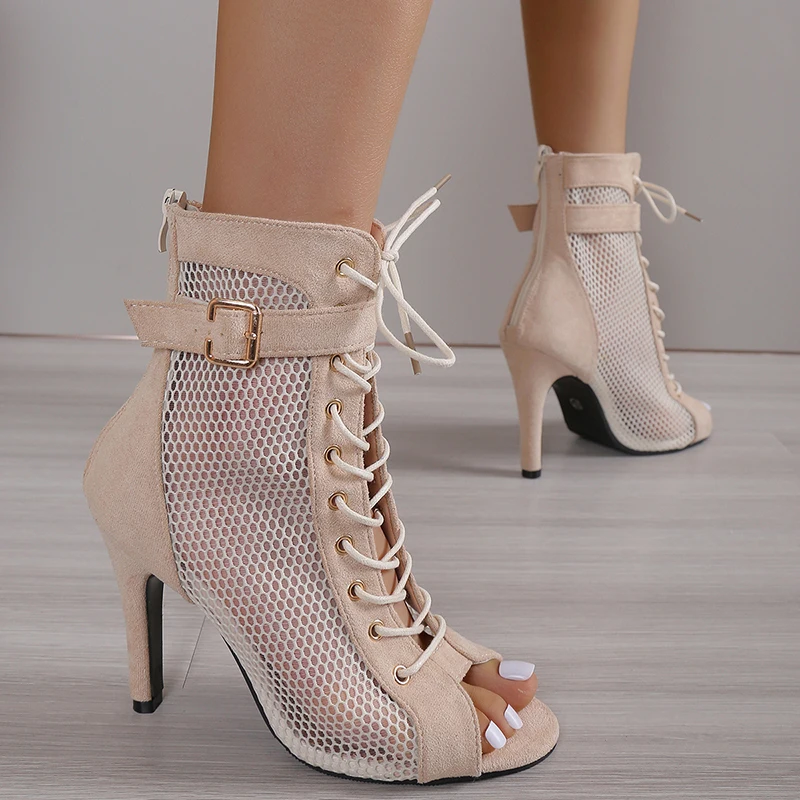 

Brand Designer Lace-Up Sandals Heels Women's Shoes Trend Black Sexy Peep Toe Boots Fashion Cloth Stilettos Jazz Dance Female