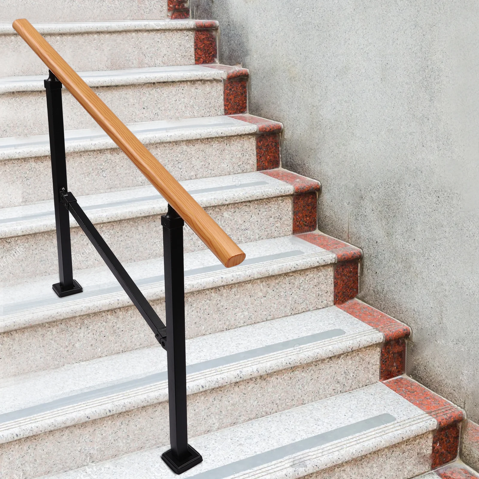3-Step Outdoor Stair Handrail Carbon Steel 600lb Capacity - Black/Log Color Safety Railing