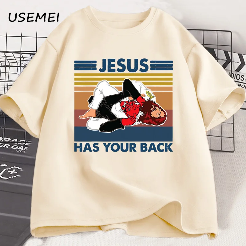 Jiu Jitsu Jesus Has Your Back T-shirt Brazilian Jiujitsu T Shirt Vintage Cotton Men's Short Sleeve Tee Shirt Streetwear Tops