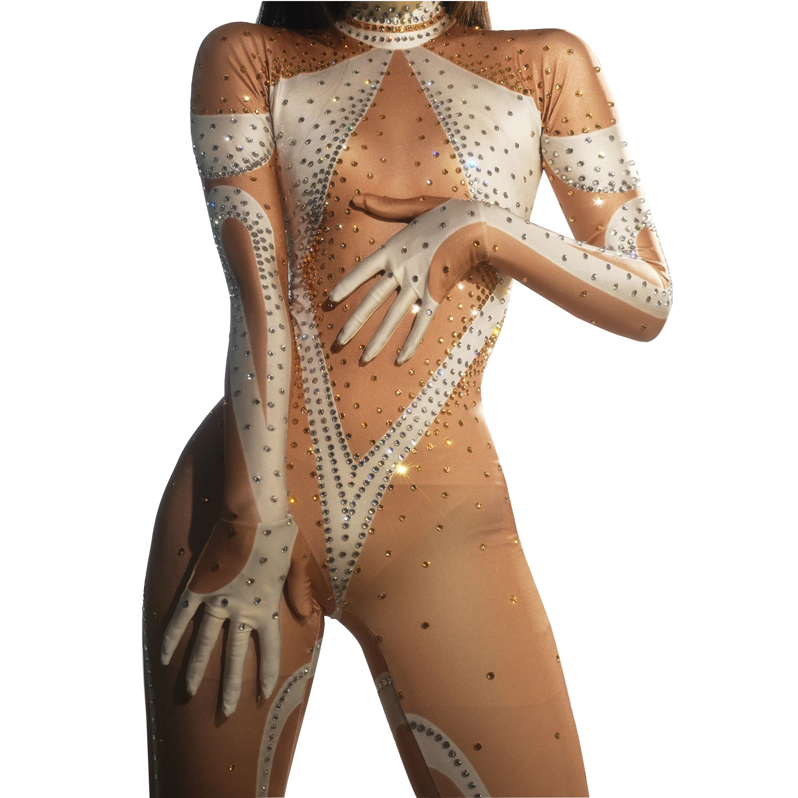 Sexy white print rhinestone leggings long sleeve glove jumpsuit nightclub queen birthday halloween singer pole dance stage cloth