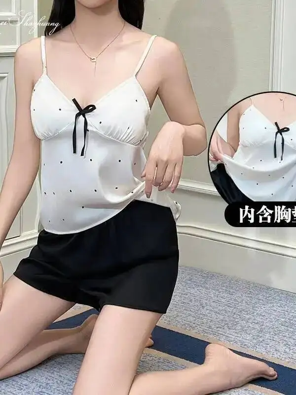 أنيقة الشاش الصيف الساتان المرأة Homewear مجموعة مع منصات الصدر قطعتين ملابس خاصة مع البولكا نقطة طباعة السراويل مجموعات عادية 4GV3 #2