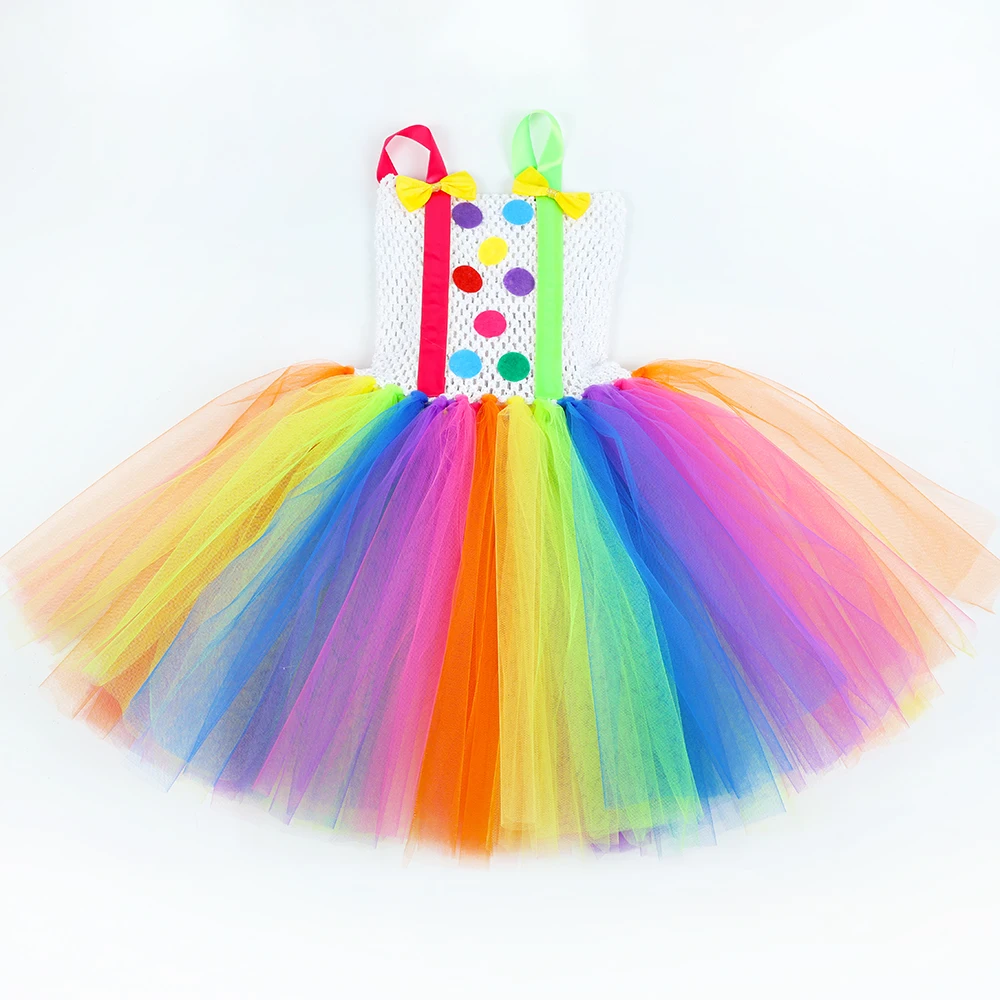 Rainbow Clown Tutu Dress Circus Carnival Party Outfit Fluffy Layered Skirt Colorful Festive Stage Show Soft Mesh Princess Dress