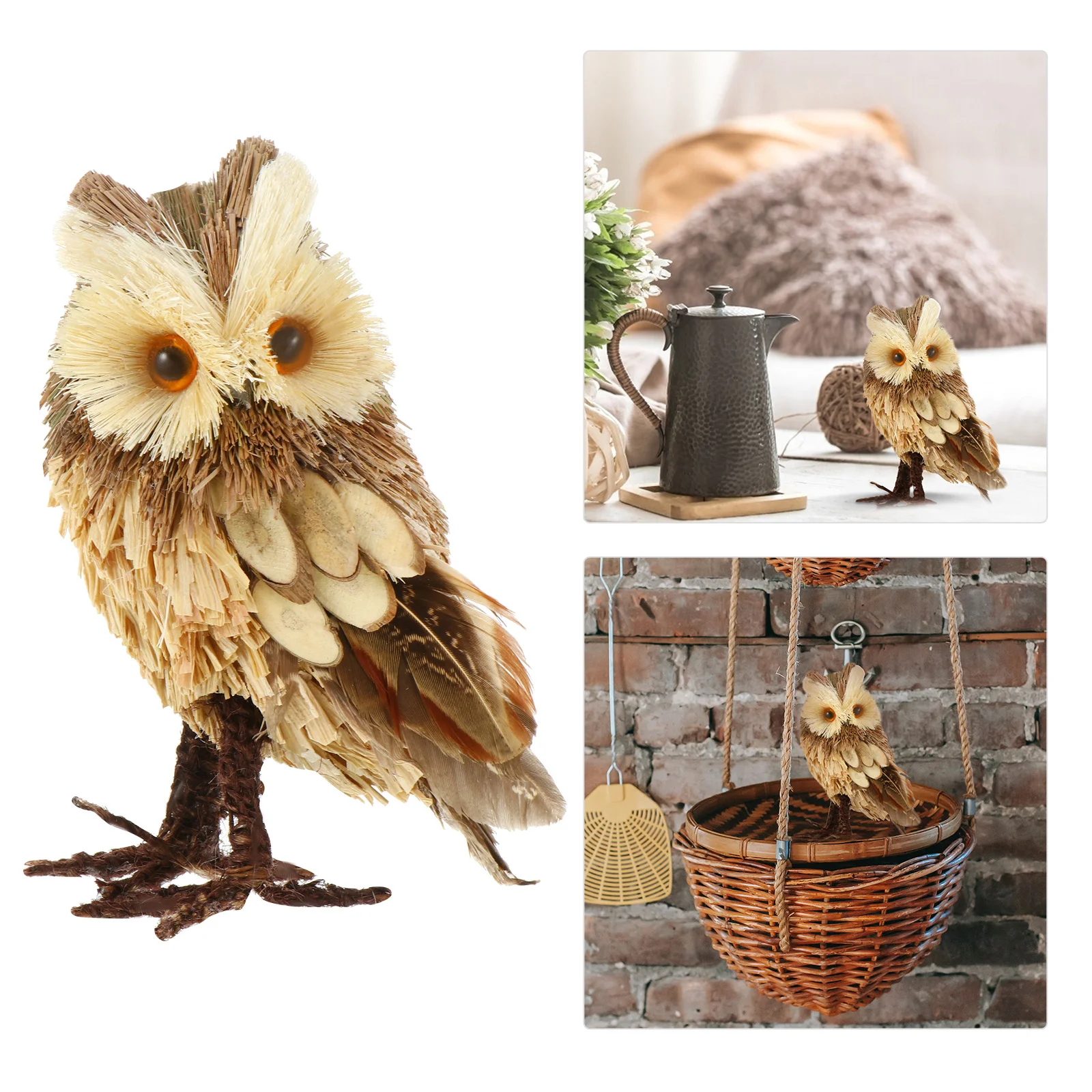 

Mini Owl Ornament Fall Decor Woodland Animal Figurine Straw Artificial Sculpture