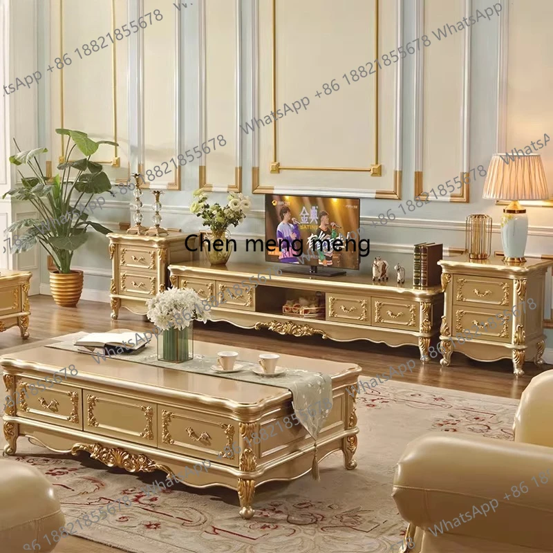 European TV cabinet marble surface full solid wood carving flower paint noble gold, luxury living room cabinet
