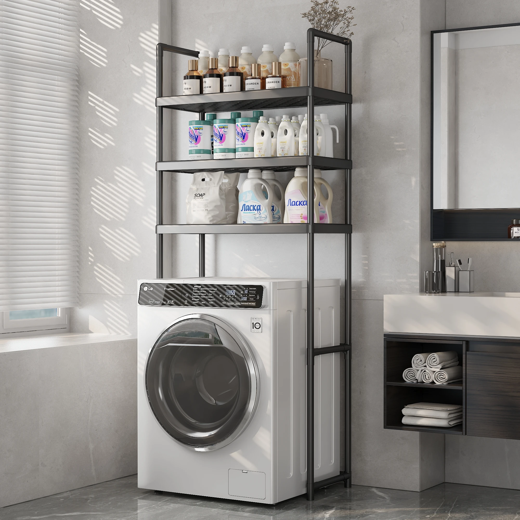 2-3-stöckiges, erweiterbares Badezimmer-Aufbewahrungsregal, Waschmaschinen-Aufbewahrungsregal, Aufbewahrungsregal über der Toilette, einfache Montage ohne Bohren, integriertes, abnehmbares