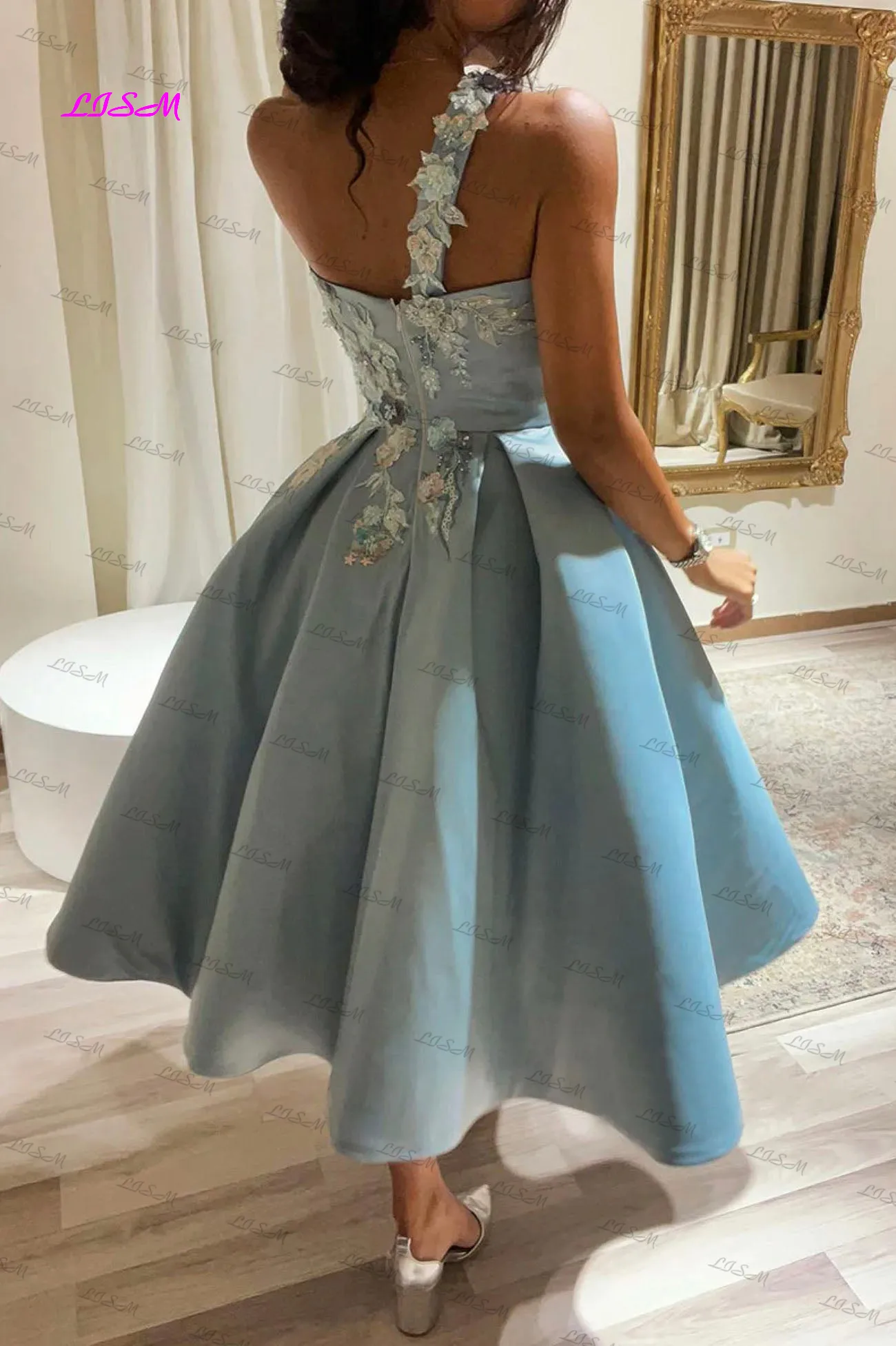 Flowers One Shoulder Satin Lace Short Prom Dress A-Line Tea Length Elegant Party Dresses for Women 2023 Vestidos De Graduación