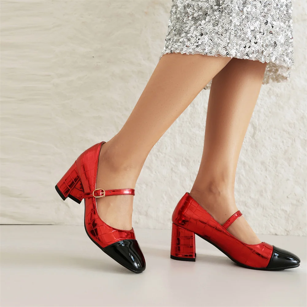 Plus Size 48 Brand New Ladies Buckle Mary Janes Punps Fashion Mixed Colors Thick High Heels women's Pumps Party OL Woman Shoes