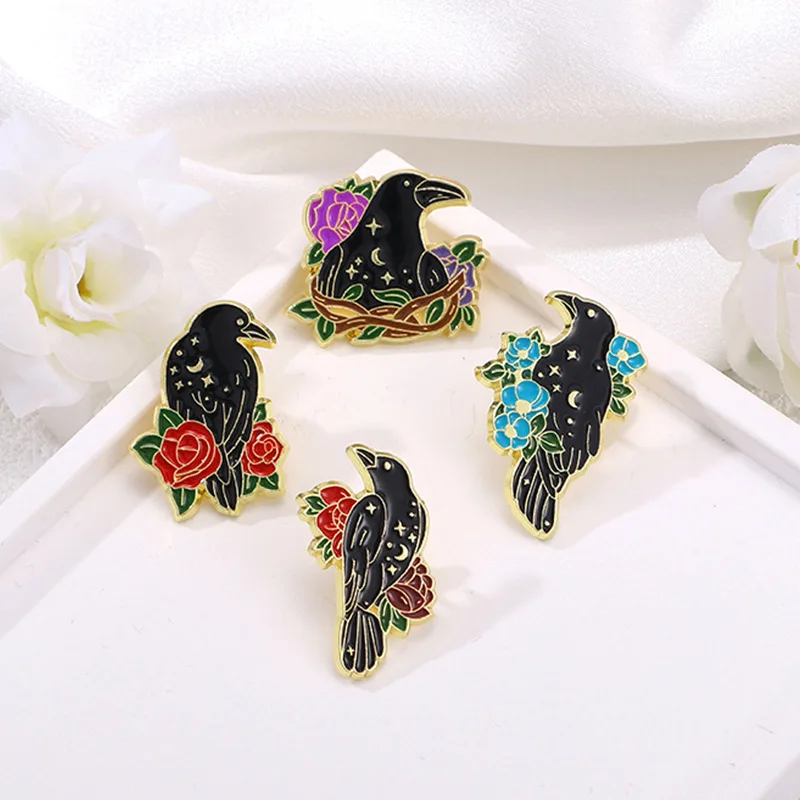Unisex Creative Flower Starry Sky Black Crow Design Brooch Alloy Drop Oil Cartoon Badge Pin For DIY Bag Clothing Hat Scarf
