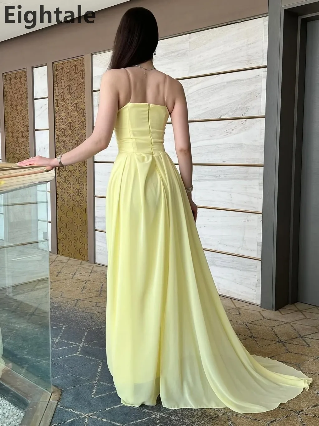 Eightale 2025 vestido de noche largo sin tirantes con cuentas de gasa amarilla vestido de fiesta de graduación árabe saudí vestidos formales personalizados