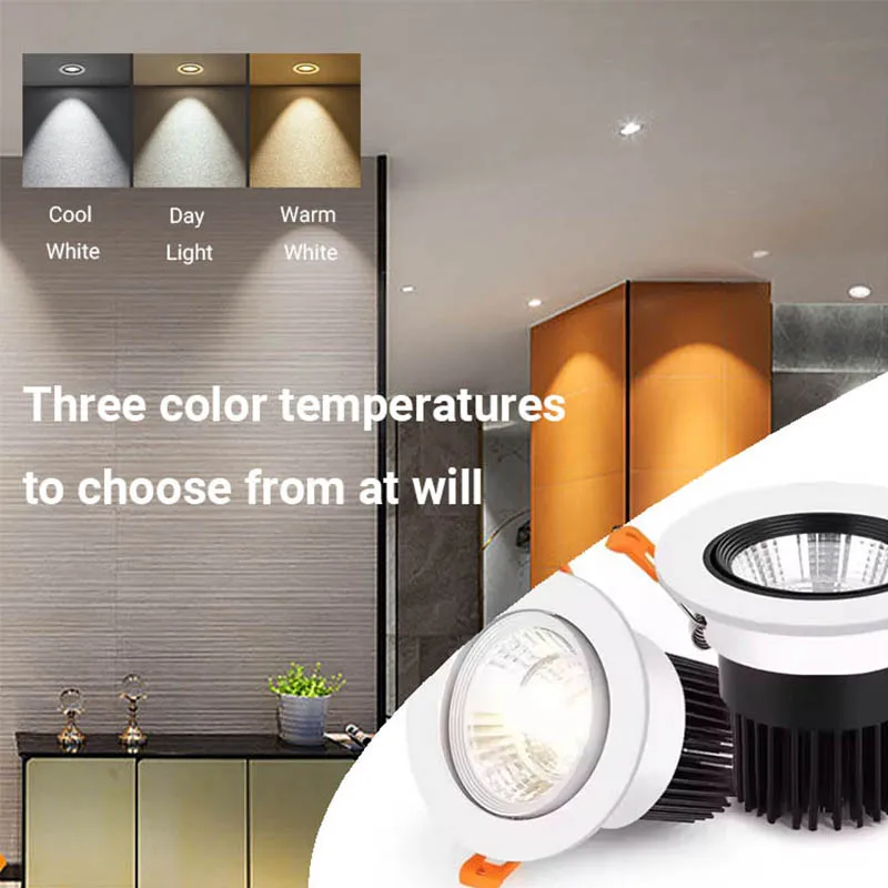 Wbudowana lampa sufitowa Reflektor LED Trójkolorowa zmiana COB Downlight Wpuszczana sufitowa lampa punktowa LED Przeciwodblaskowe światła punktowe LED 220V