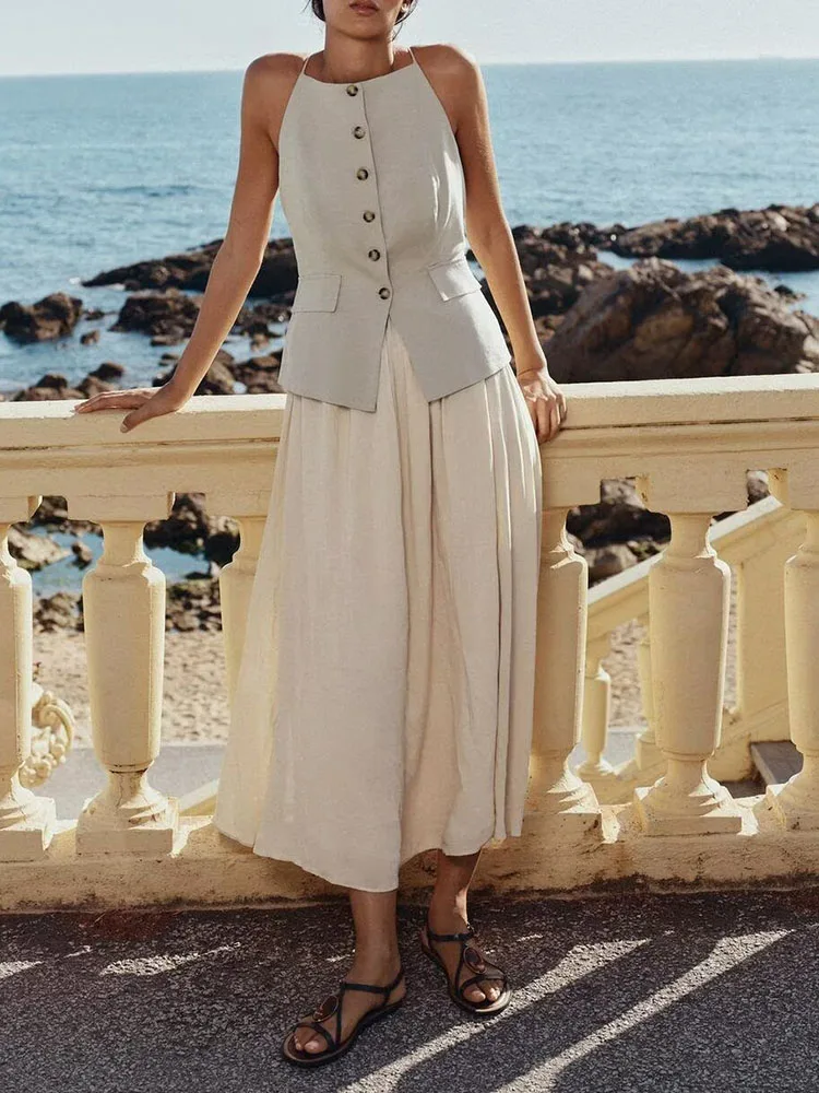 

Новое поступление лета, женское платье-миди со плиссированной юбкой и жилетом-салепком, 2025 сезонная женская этническая одежда Faion