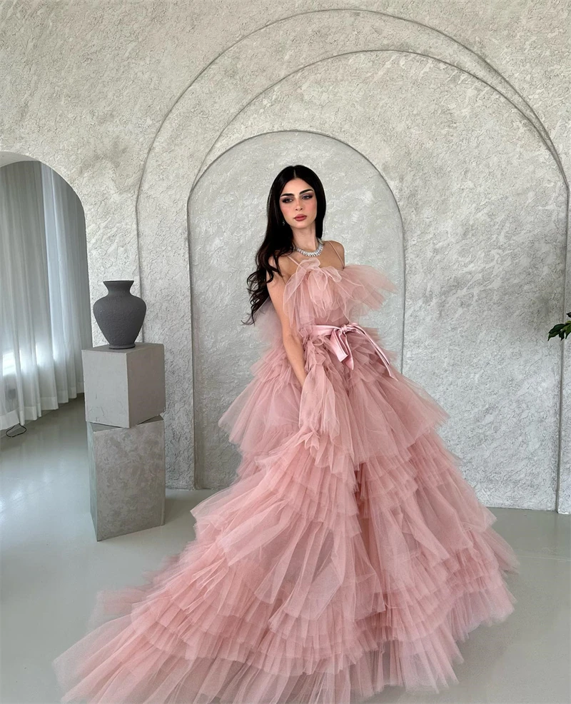 Eightree Pink Tulle Evening Party Dresses Tiered Pleats A Line Luxury Prom Dress Spaghetti Straps Princess Bow Fairy Formal Gown