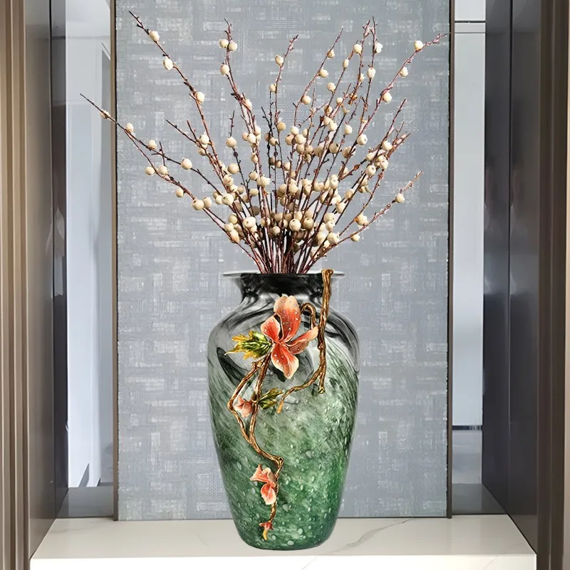 Enamel colored glass large vase ornament, living room flower arrangement, large diameter entrance TV cabinet decoration