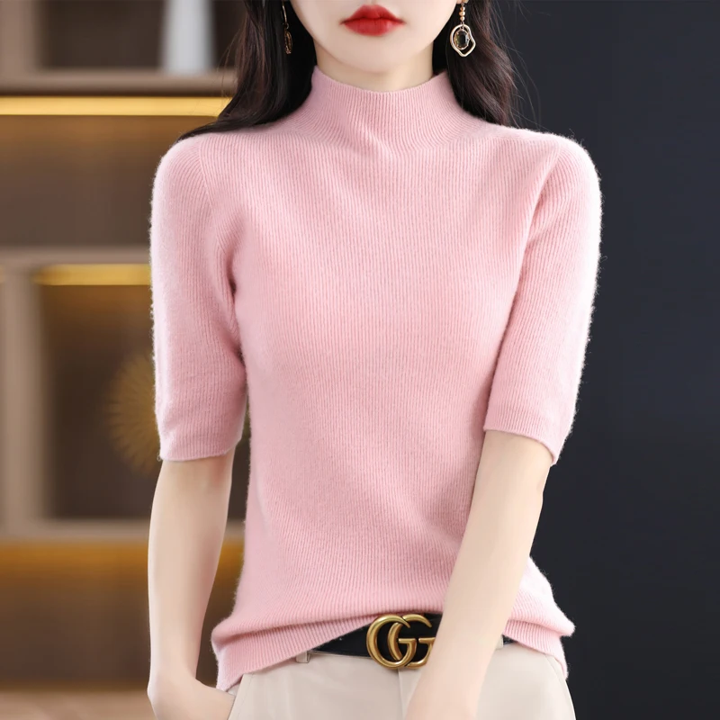 

Spring and Autumn New Ladies' 100 Pure Wool Fashion Knitted Top Grade Five-point Sleeve Semi-high Collar Pullover