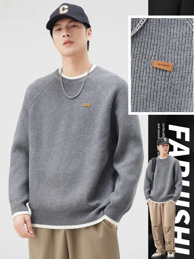 

Мужской вязаный свитер с длинным рукавом, базовый слой, внутренняя одежда, дизайн с вставками на плечах, зимний модный повседневный топ