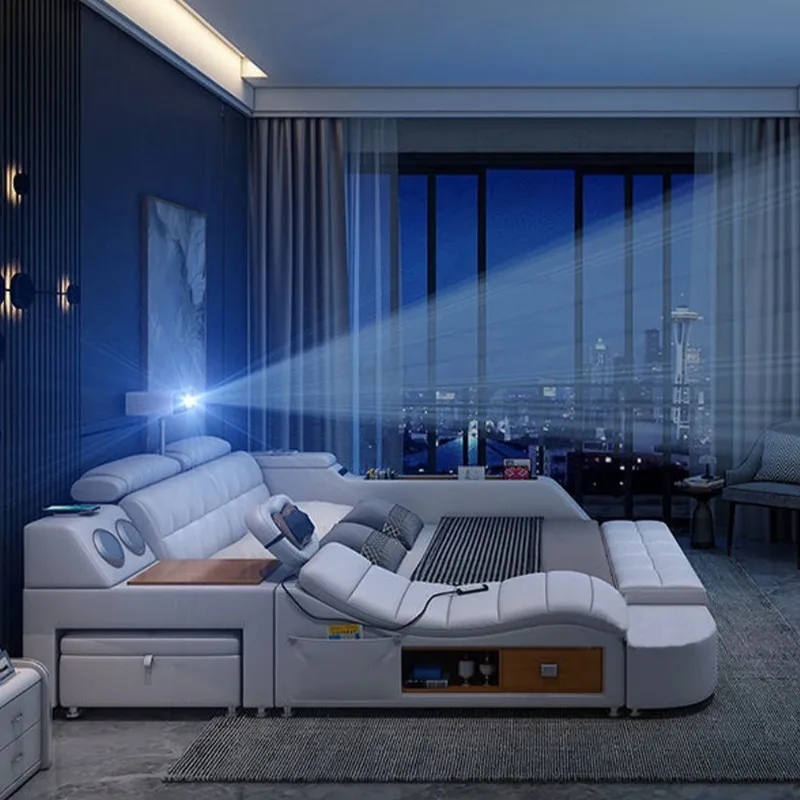 Tech Smart Genuine Leather Bed | Multifunctional Ultimate Beds | Massage Tatami Bed with Projecter | Upholstered Cama